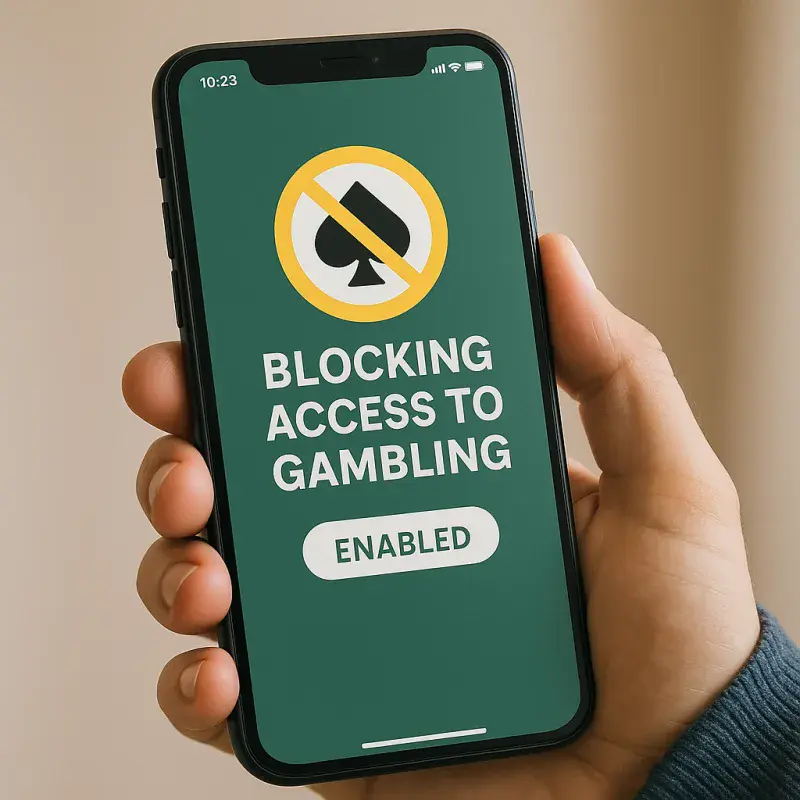 Smartphone screen showing gambling sites being blocked