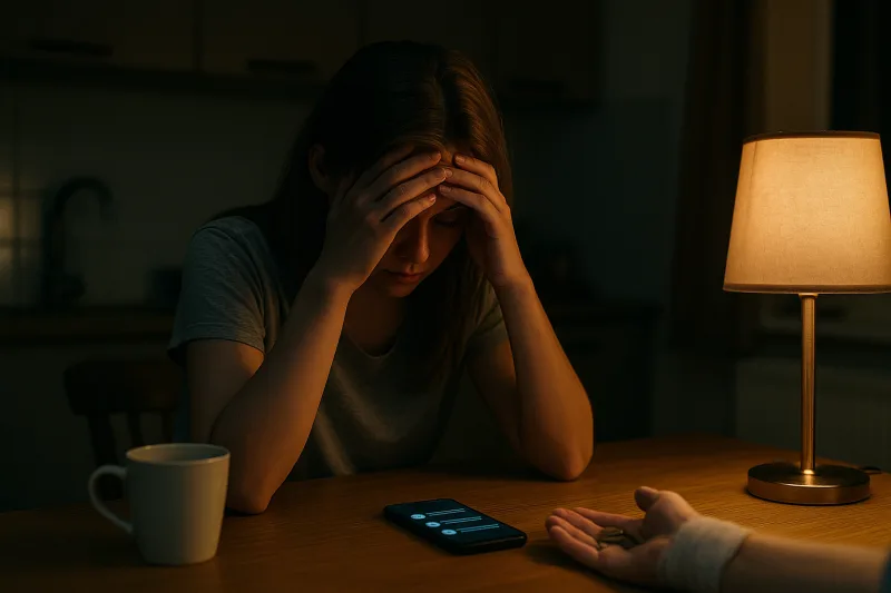 An exhausted woman at a table at night