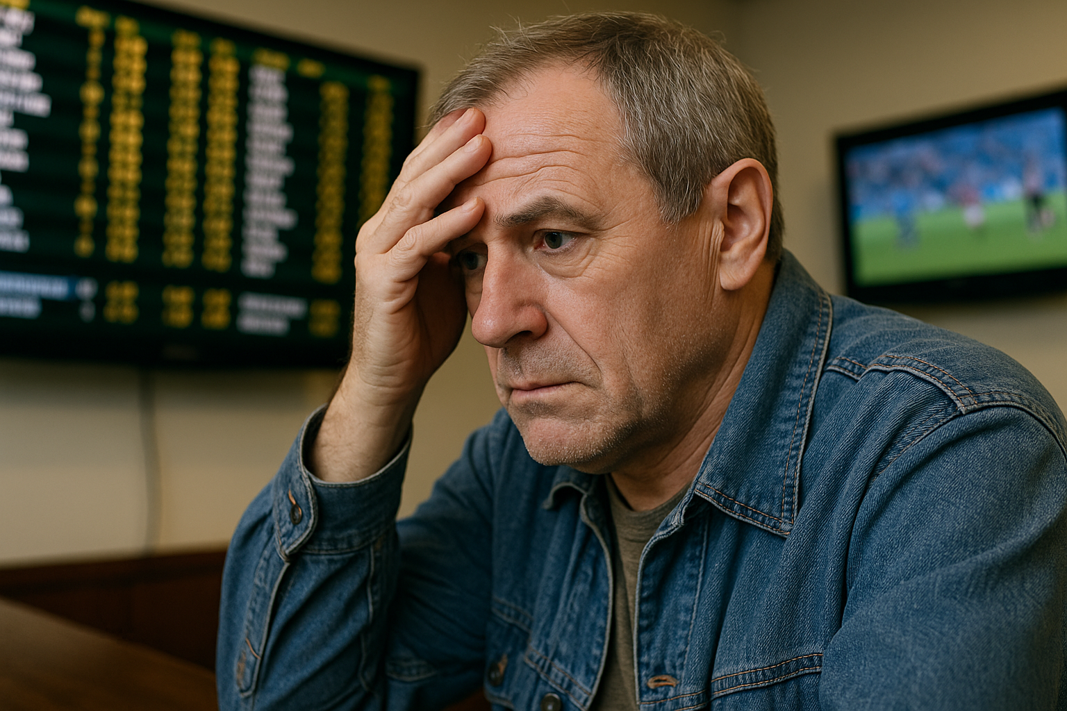 Daytime café scene: a counsellor shows a recovery plan to a hopeful bettor; a phone on the table displays a self-exclusion confirmation